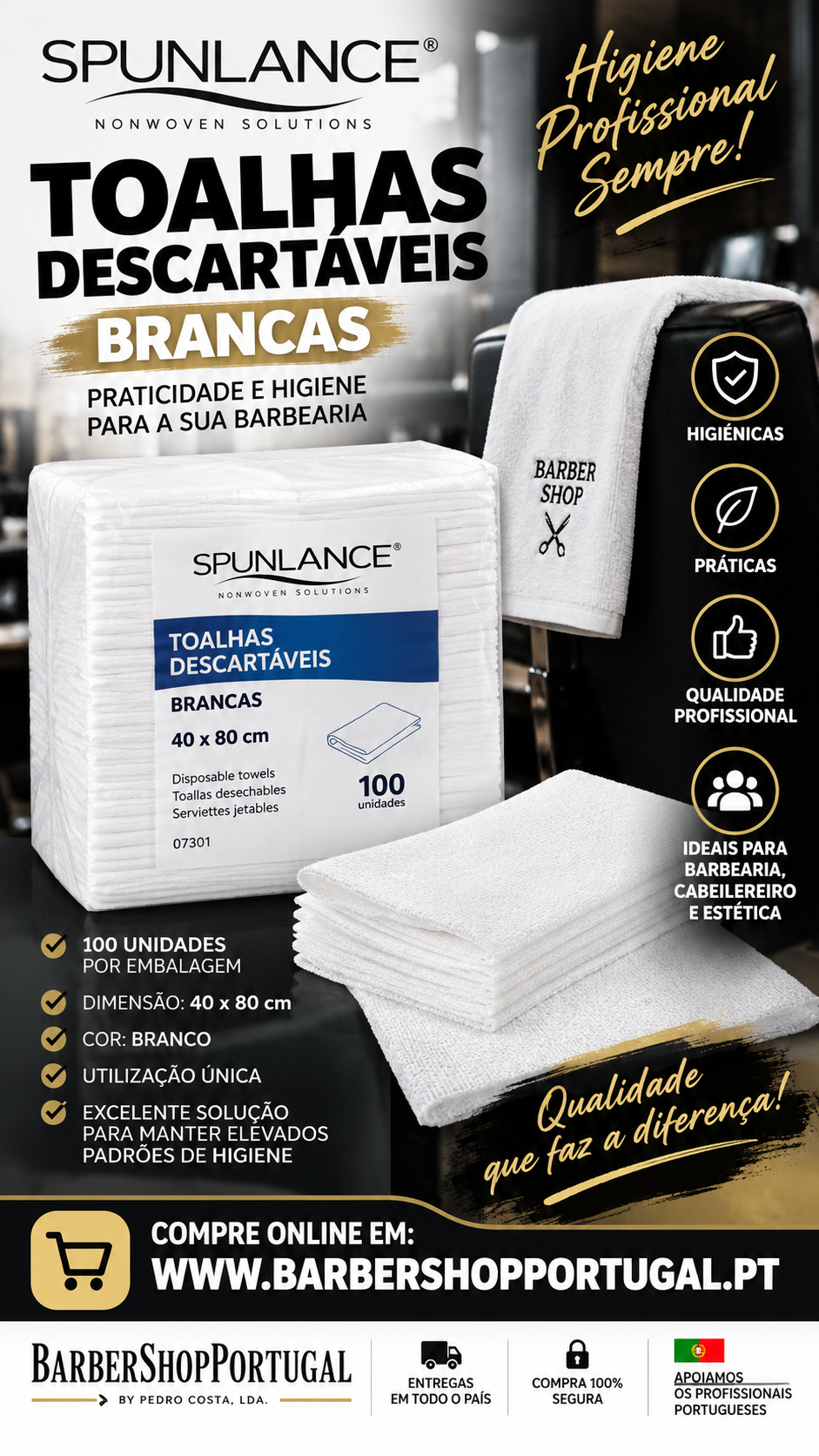 Pacote de toalhas descartáveis brancas SPUNLANCE com texto e toalha com bordado BARBER SHOP sobre cadeira preta