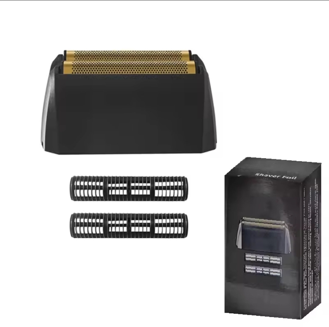 Cabeça de máquina de barbear com lâminas douradas e proteção preta com embalagem