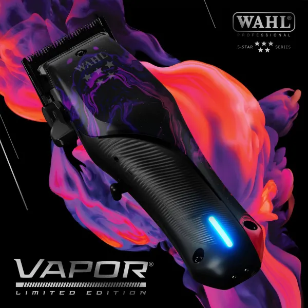 Máquina de cortar cabelo Wahl Vapor Limited Edition preta com luz azul