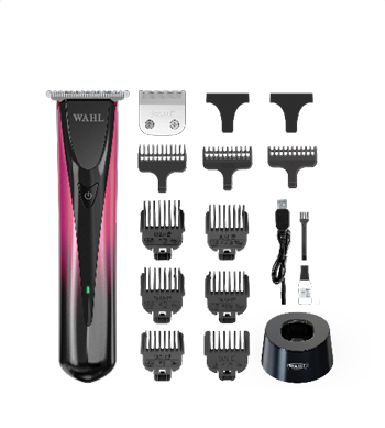 Conjunto de aparador de cabelo WAHL incluindo aparelho, pentes, lâminas, cabo USB, escova e base de carregamento.
