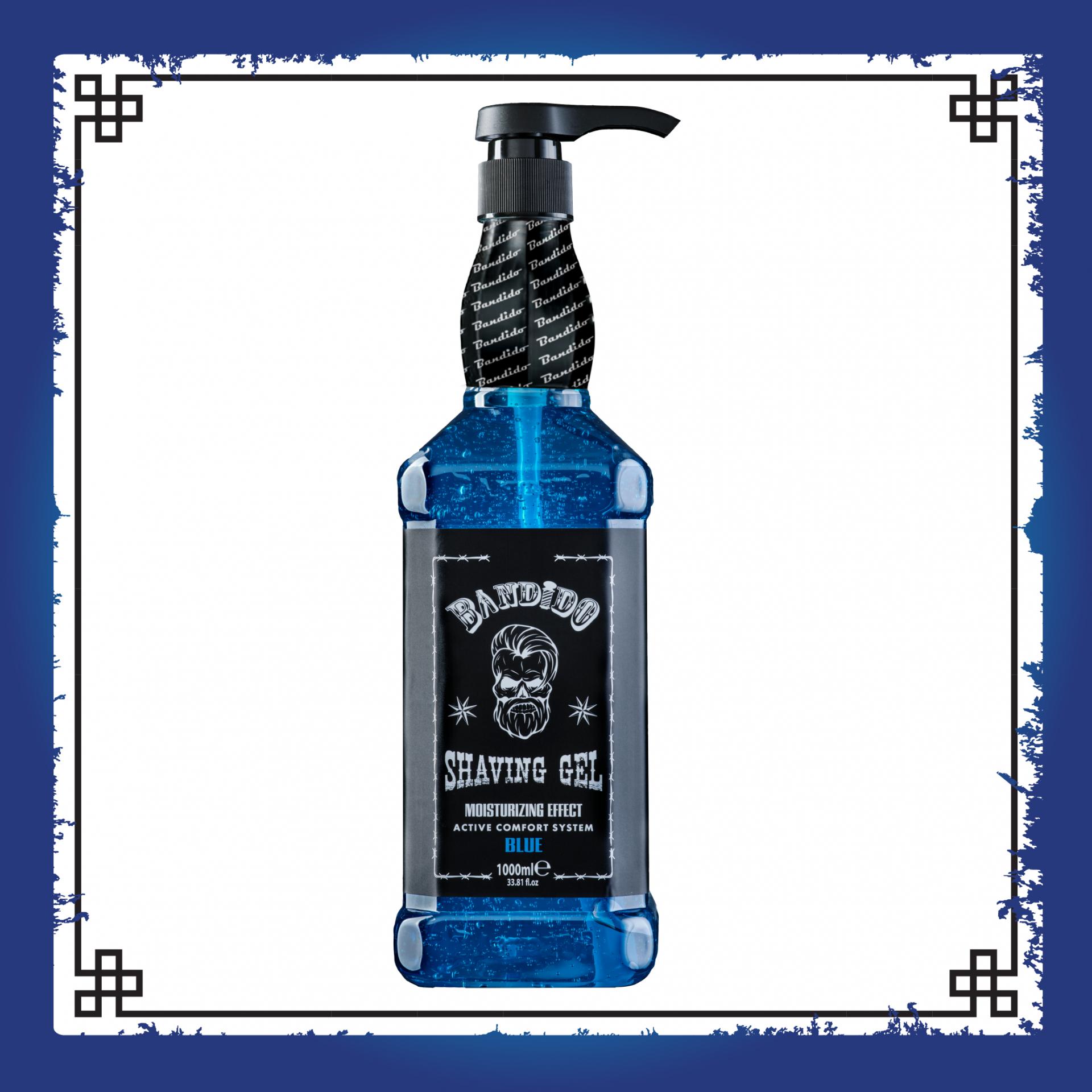 Frasco de gel de barbear azul com doseador preto e etiqueta preta com texto branco