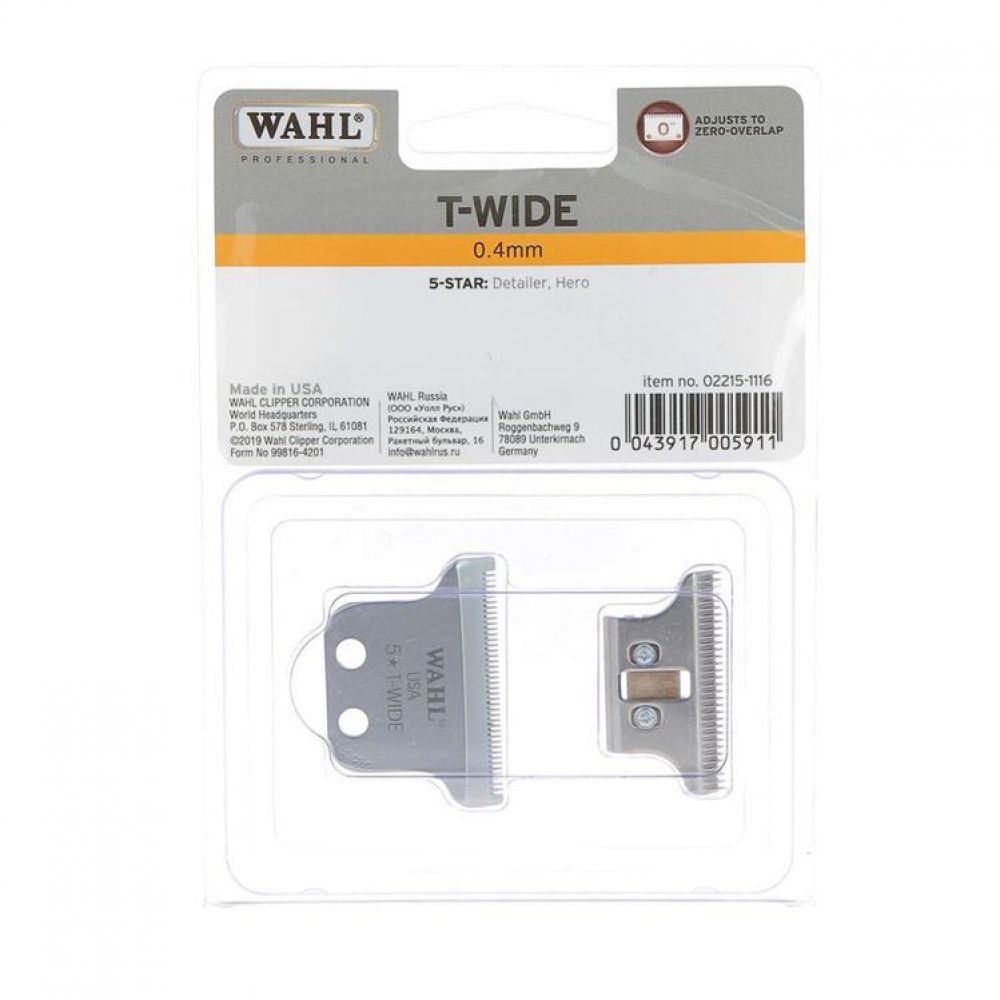 Conjunto de lâminas metálicas WAHL T-WIDE 0.4mm em embalagem blister.