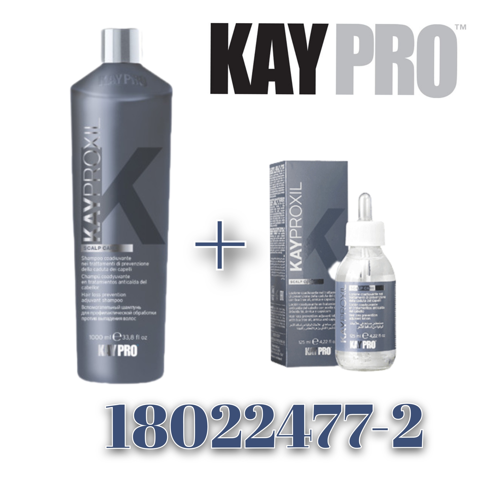 Dois produtos KayPro com frasco cinzento e frasco com conta-gotas e caixa cinzenta