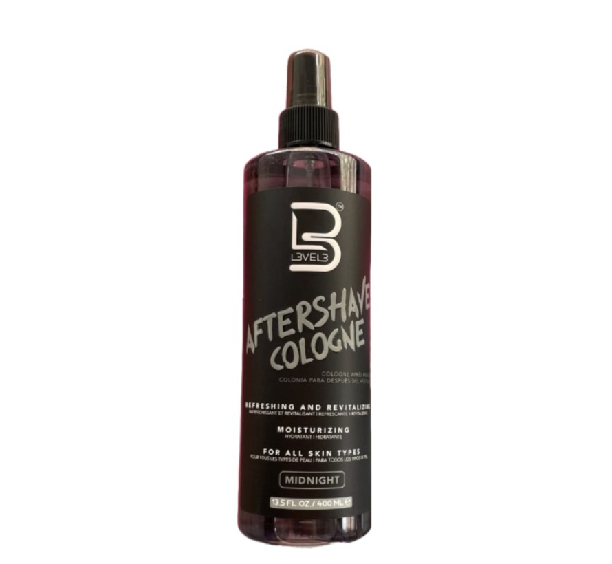 Frasco de aftershave cologne roxo com tampa spray e etiqueta preta