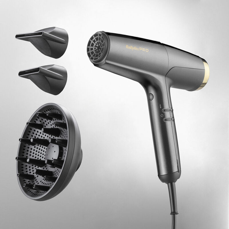 Secador de cabelo cinza escuro BaBylissPRO com três bocais amovíveis pretos