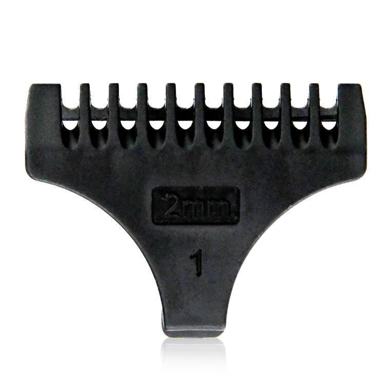 Peça preta para máquina de cortar cabelo com indicação 2 mm e número 1