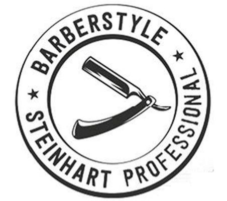 Logotipo preto e branco com navalha e texto Barberstyle Steinhart Professional