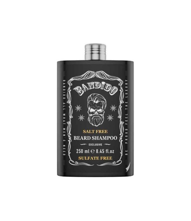 Frasco preto de champô para barba Bandido com texto e desenho branco e amarelo