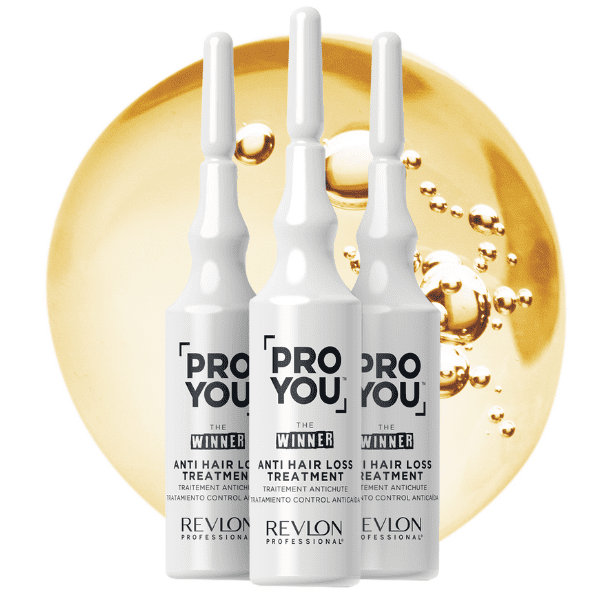 Ampolas brancas de tratamento anticaspa REVLON PROFESSIONAL com gotas douradas no fundo