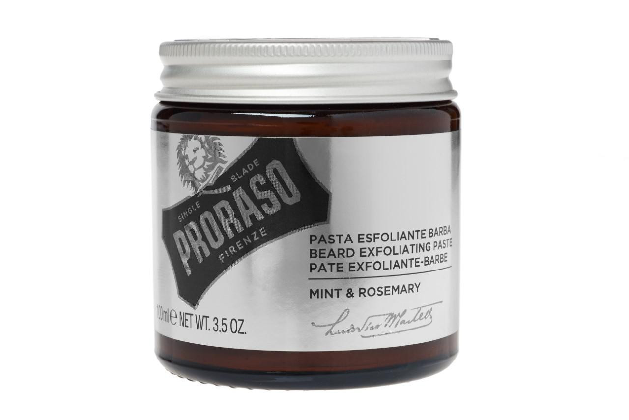 Pasta esfoliante para barba em frasco com rótulo branco e preto e tampa metálica