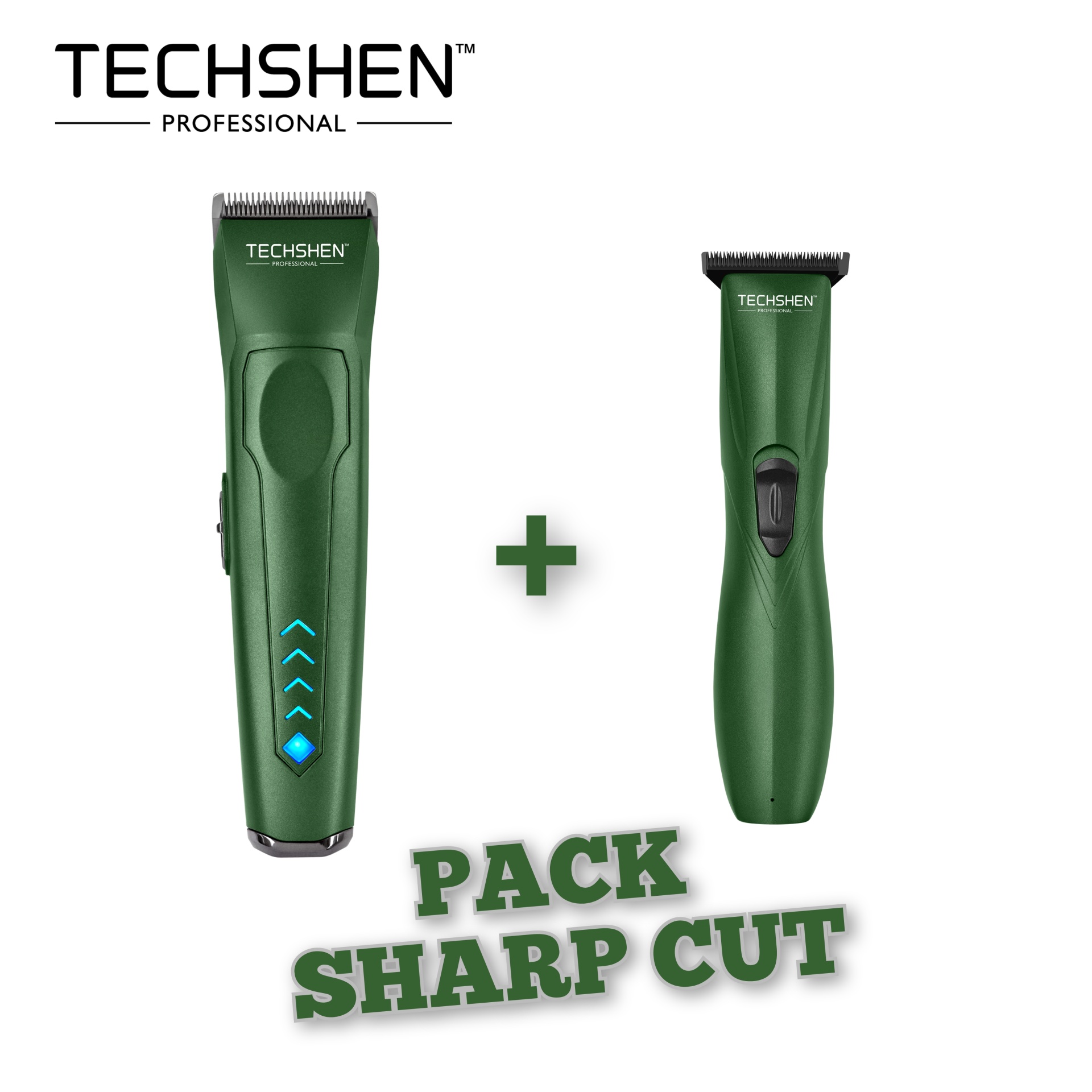 Dois cortadores de cabelo verdes TECHSHEN com texto promocional