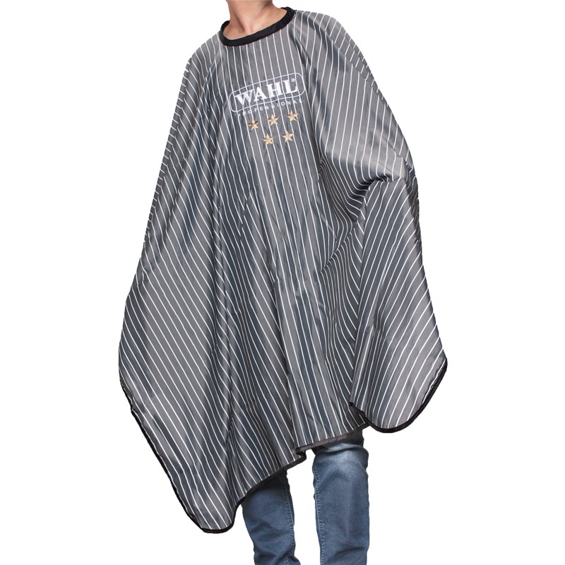 Capa de cabeleireiro cinza com riscas brancas e texto WAHL