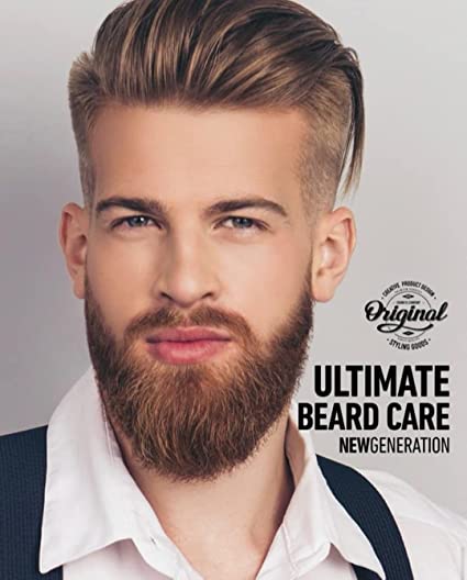 Homem com cabelo loiro e barba castanha, texto 'ULTIMATE BEARD CARE NEW GENERATION' ao lado