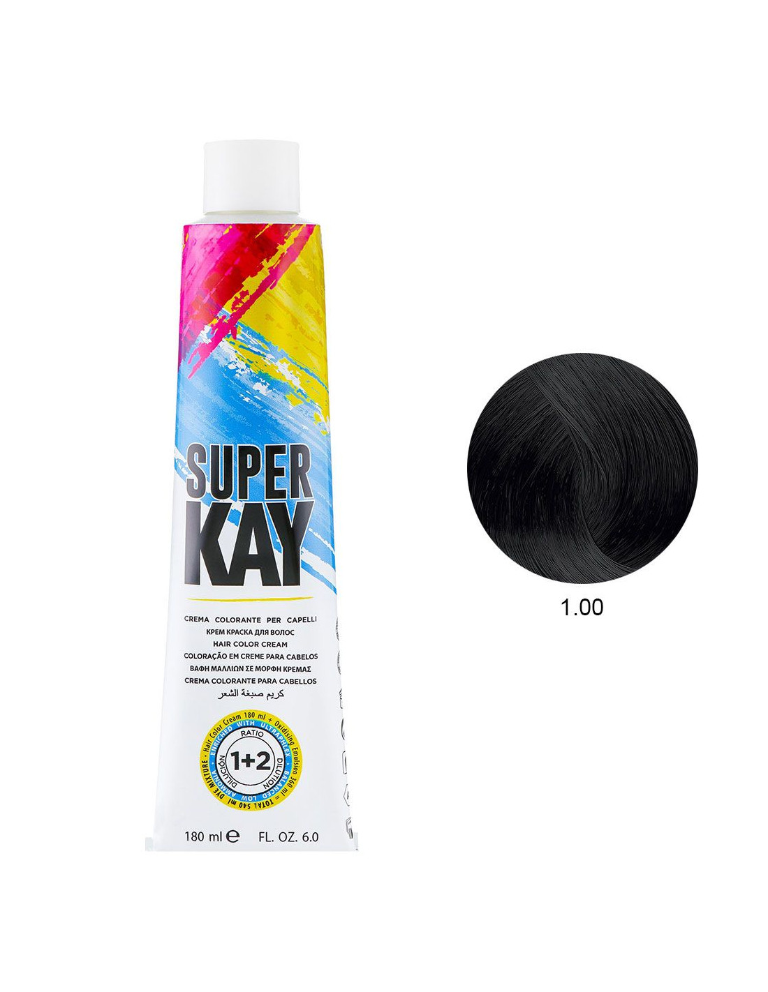 Tubo de creme colorante Super Kay para cabelo e amostra de cor preta 1.00