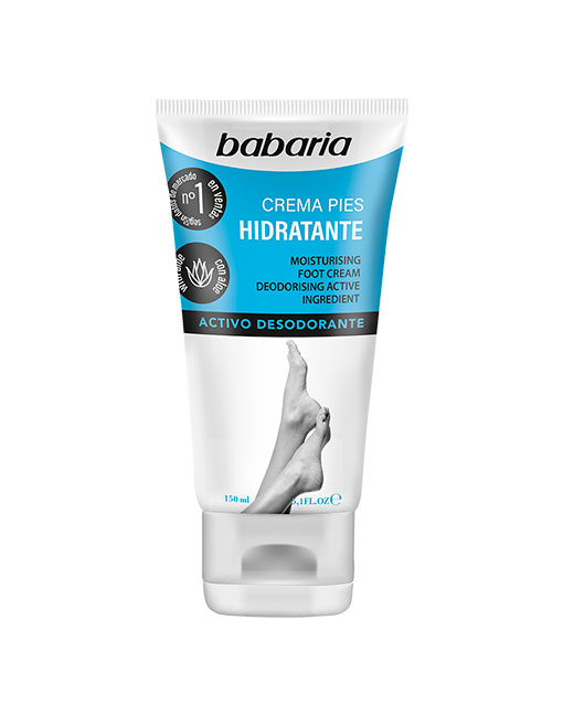 Frasco de creme para pés Babaria branco e azul com texto e imagem de pés