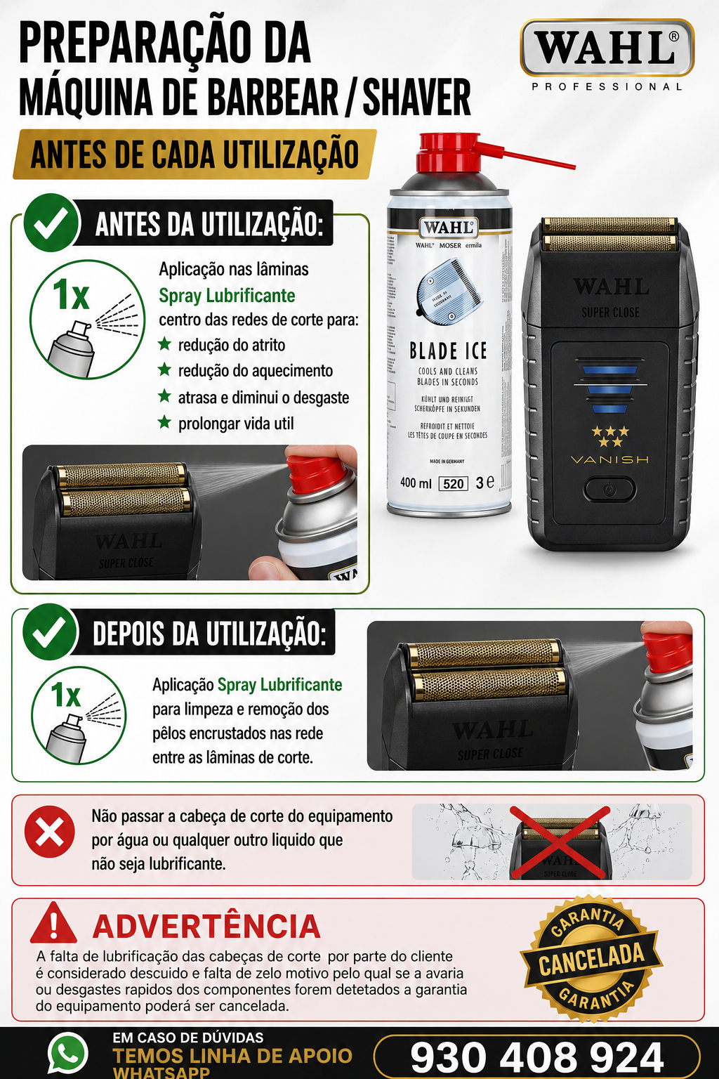 Instruções de preparação da máquina de barbear WAHL com imagem do spray Blade Ice e aparelho de barbear preto e dourado