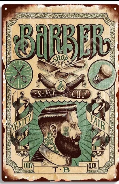 Cartaz vintage de barbeiro com ferramentas e perfil de homem barbudo