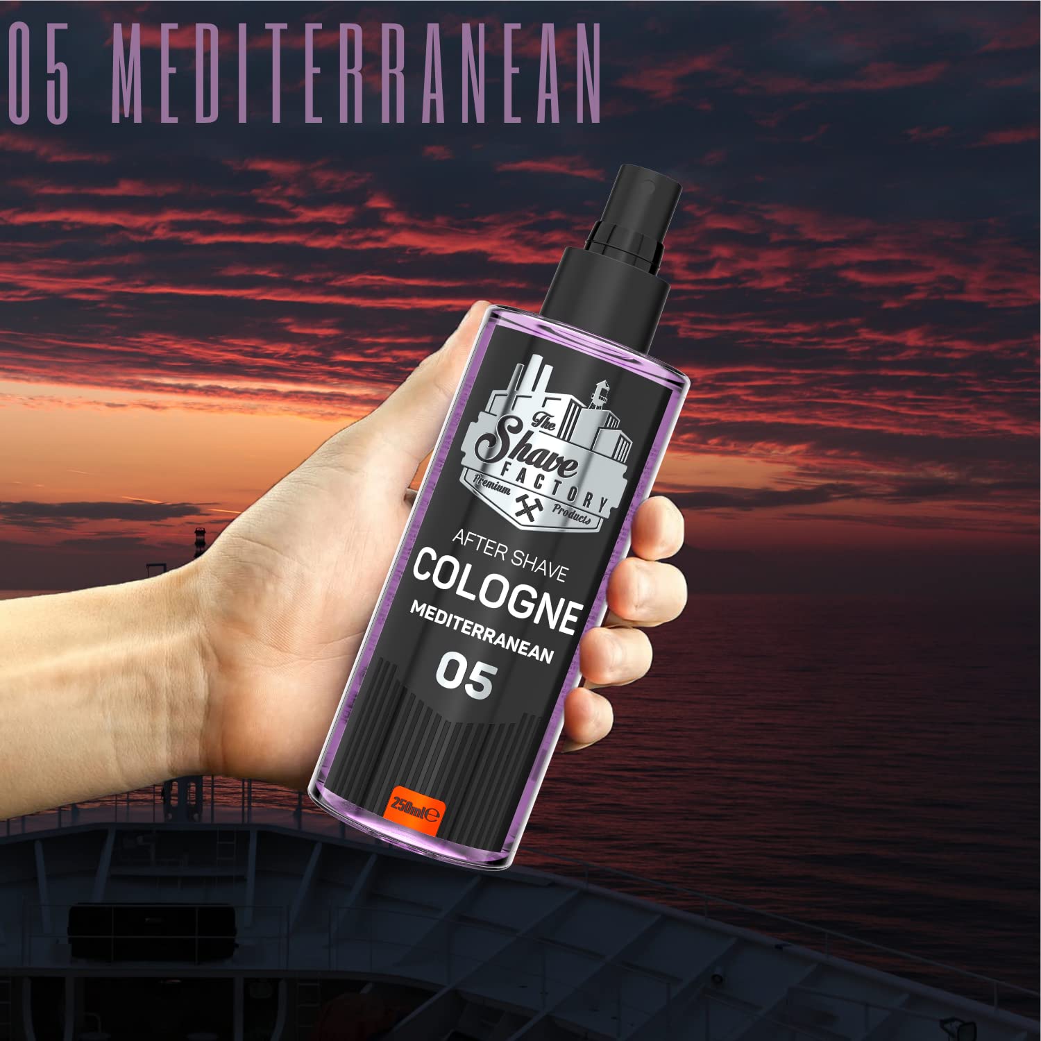 Colónia pós-barba Shave Factory Mediterranean 05 com fundo de pôr do sol no mar