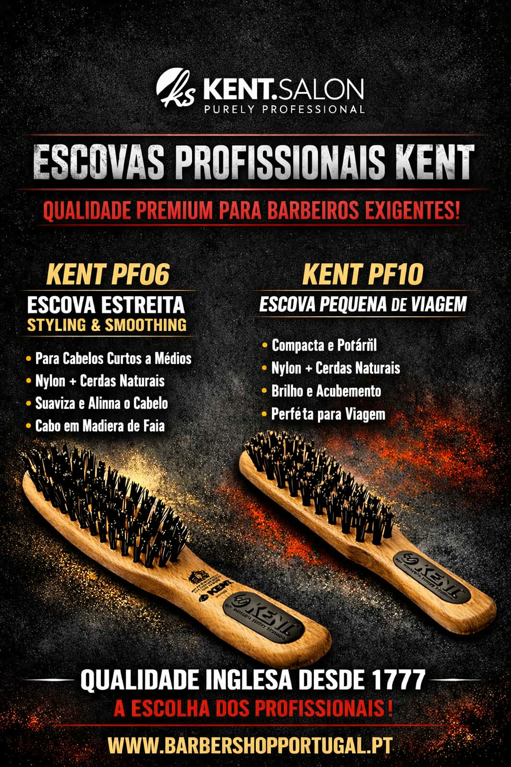 Escovas profissionais KENT PF06 e PF10 com cerdas naturais e cabos de madeira, sobre fundo preto com texto promocional.