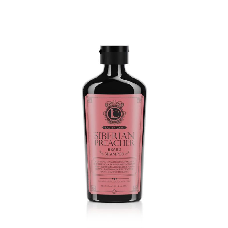 Frasco preto de champô para barba com rótulo rosa e texto SIBERIAN PREACHER BEARD SHAMPOO
