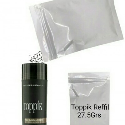 Frasco preto Toppik com fibras negras e embalagem de refil transparente com texto