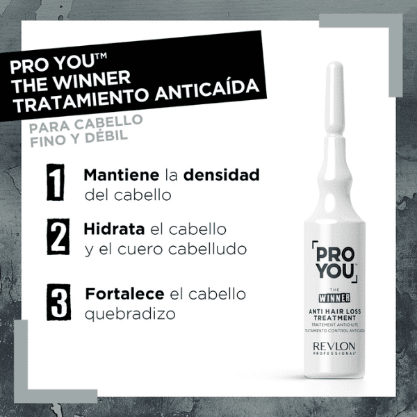 Ampola branca PRO YOU THE WINNER TRATAMIENTO ANTICAÍDA para cabelo fino e débil com texto em espanhol sobre benefícios