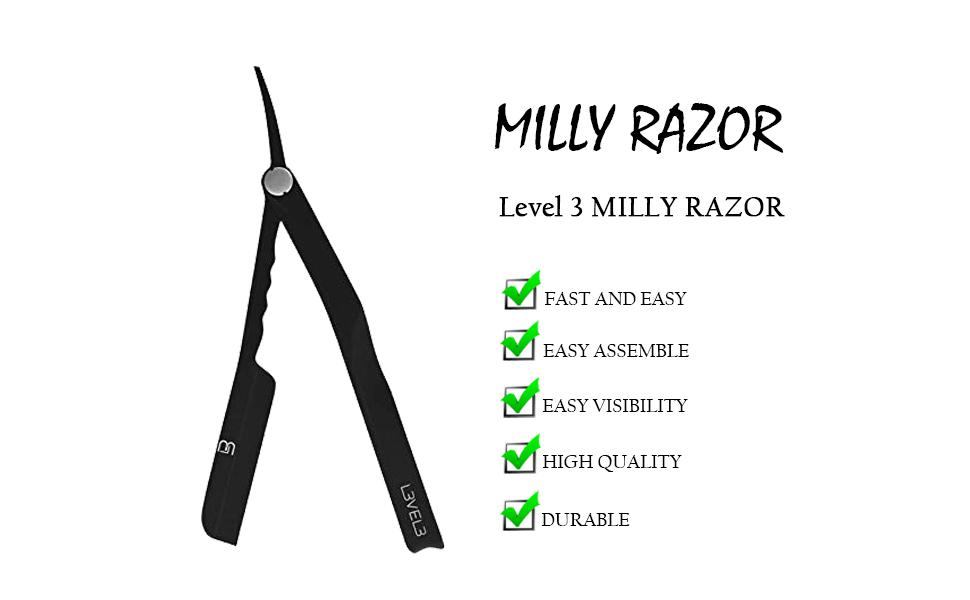 Alisador de cabelo elétrico preto Milly Razor com texto e lista de características ao lado