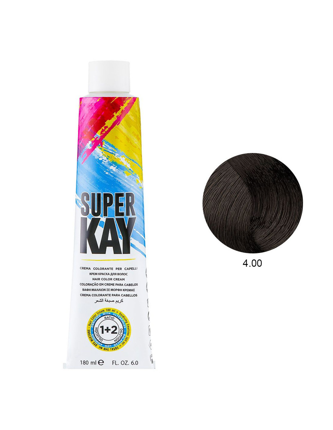 Tubo de creme colorante para cabelos Super Kay com amostra da cor 4.00 castanho escuro