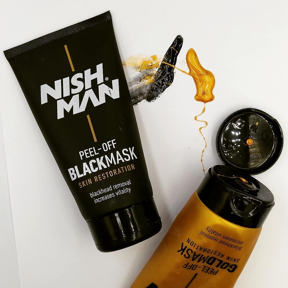 Duas embalagens de máscaras Peel-Off NISH MAN, uma preta e outra dourada, abertas com produto visível