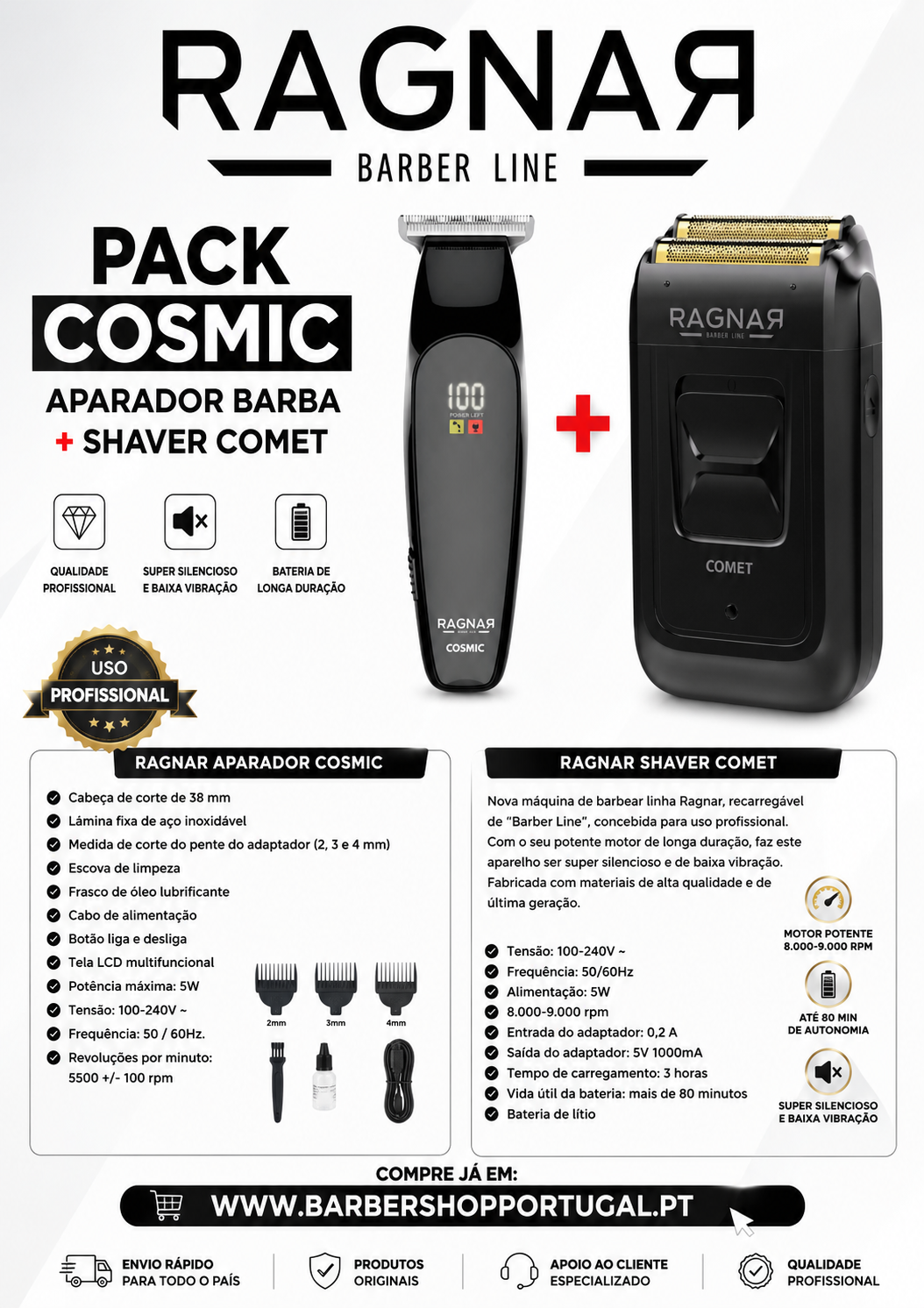 Pack Ragnãr Barber Line Cosmic e Comet aparador e shaver preto