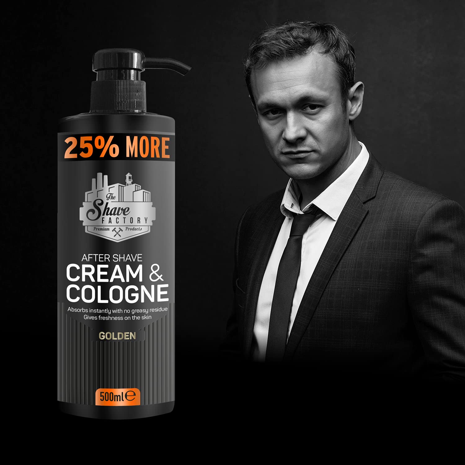 Frasco negro de After Shave Cream & Cologne com texto laranja e branco ao lado de homem em fato preto