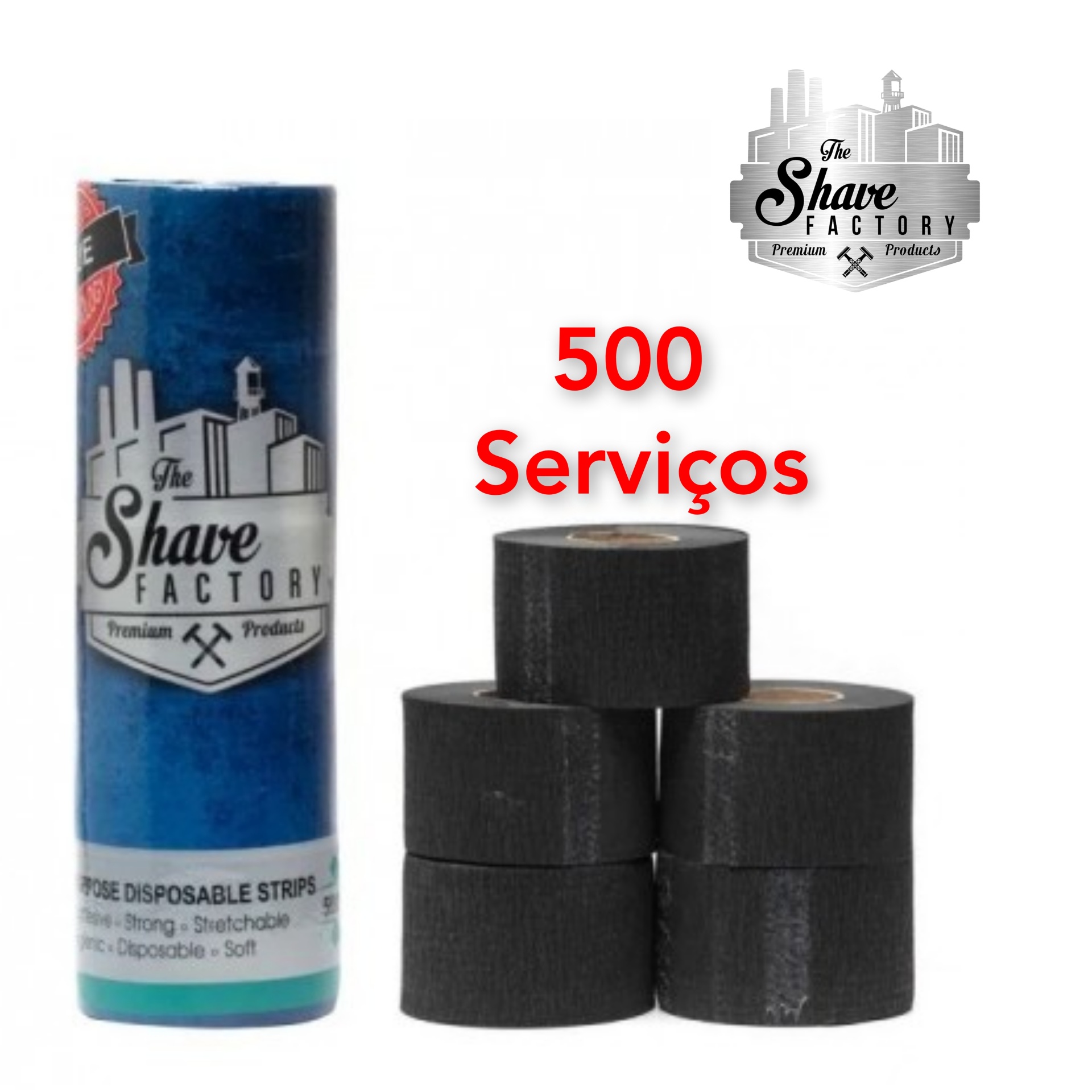 Tiras descartáveis pretas The Shave Factory com embalagem azul e texto 500 Serviços