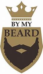 Logotipo com coroa dourada, texto BY MY e BEARD com desenho de barba preta