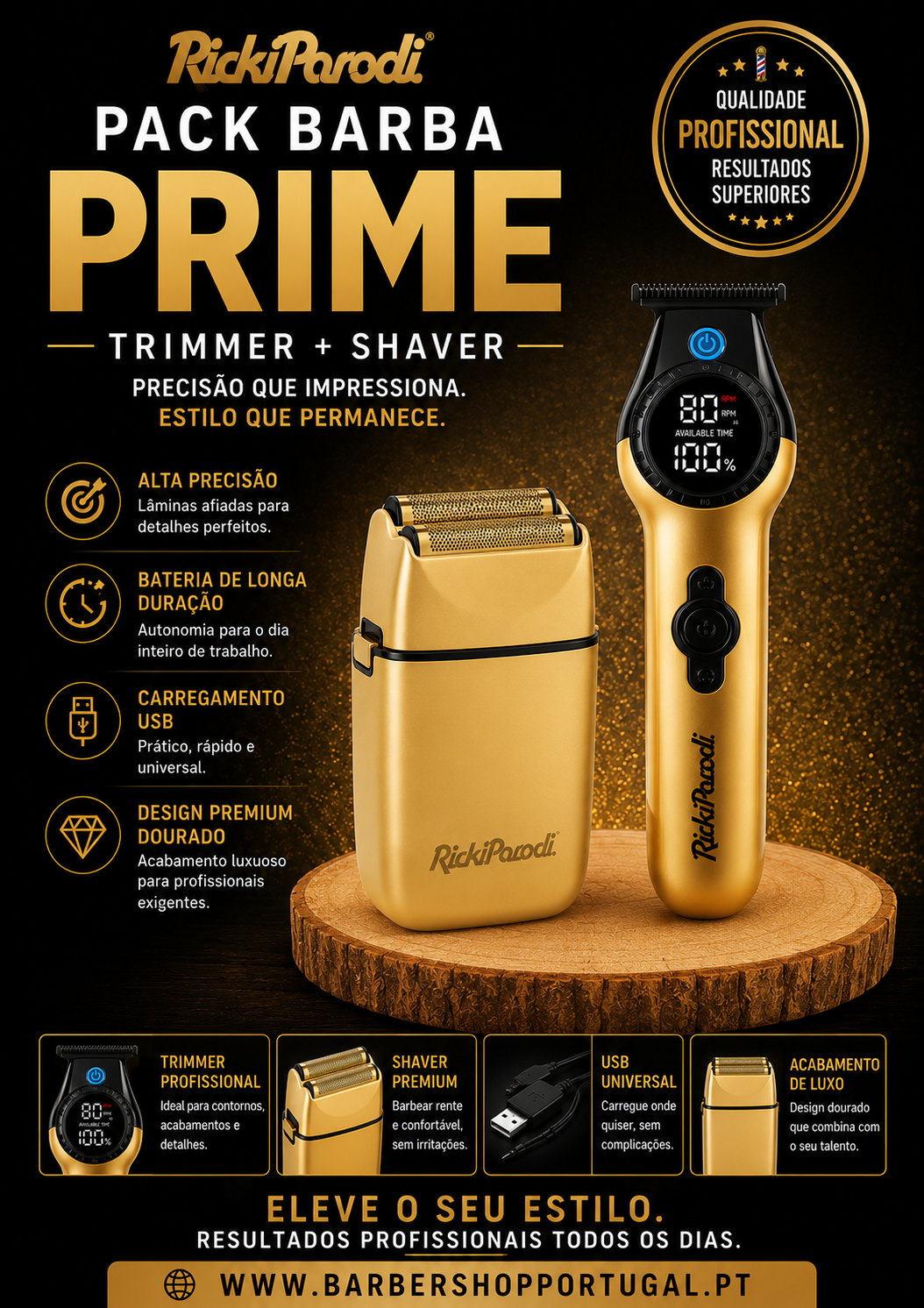 Pack barba Prime RickiParodi com trimmer e shaver dourados em suporte de madeira e informações do produto em fundo preto.