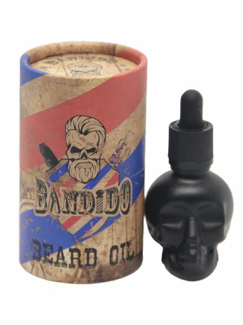 Frasco preto em forma de caveira e embalagem cilíndrica com texto Bandido Beard Oil