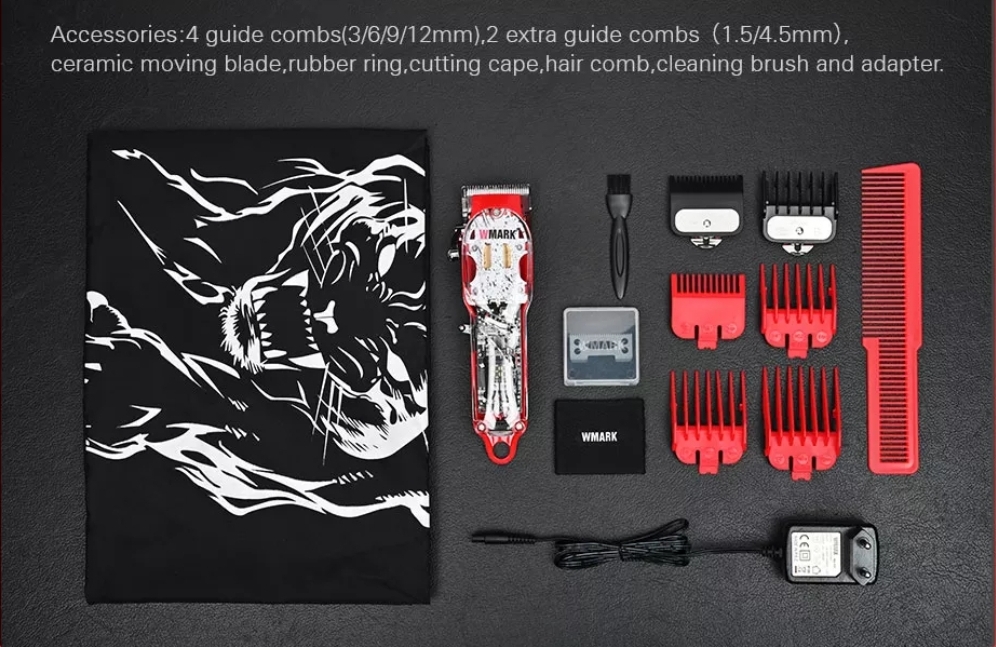 Conjunto de máquina de cortar cabelo com acessórios e capa preta com desenho de tigre