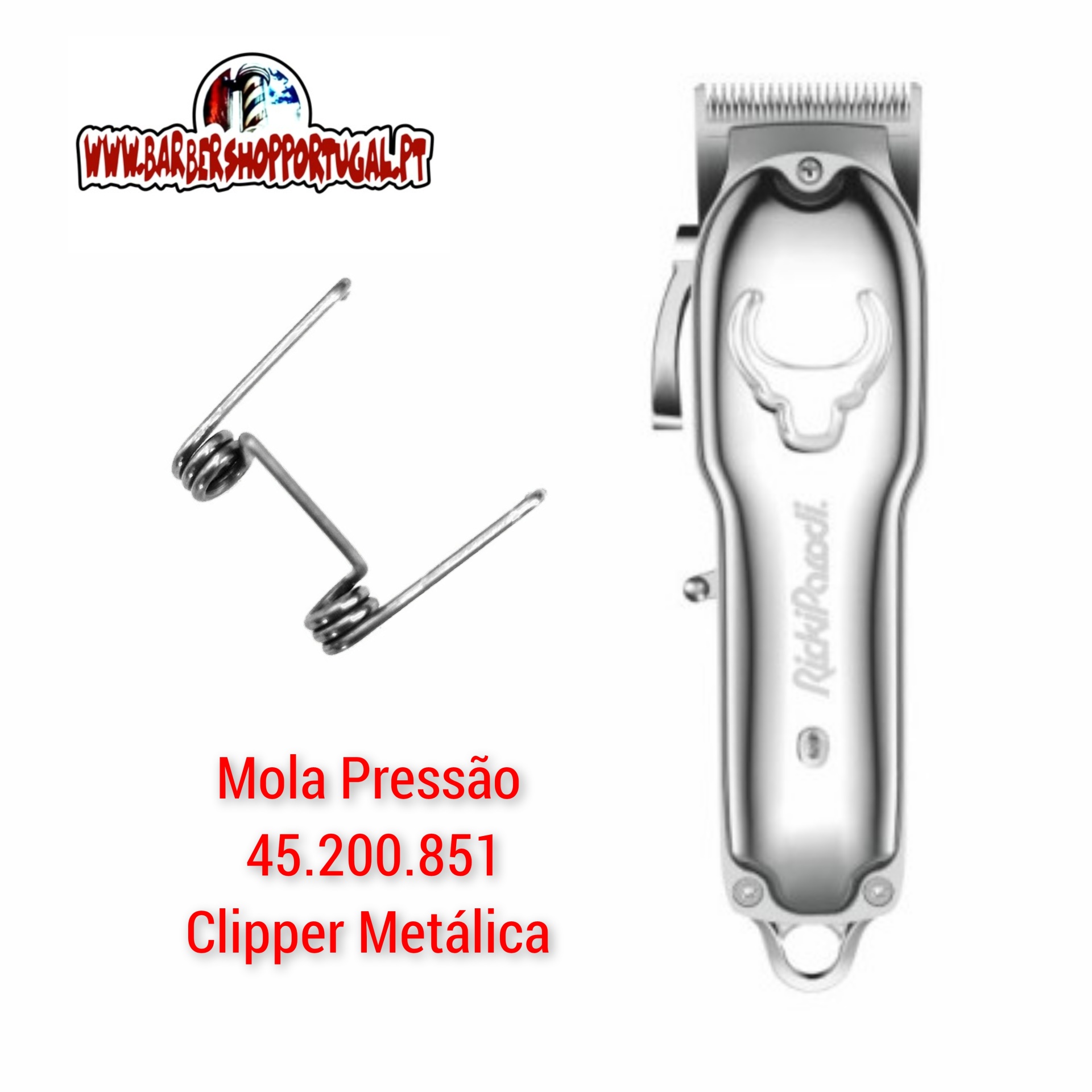 Aparador de cabelo metálico prateado com mola de pressão e texto promocional