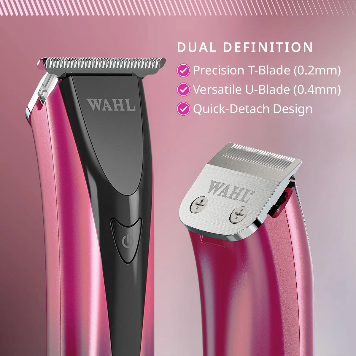 Máquina de cortar cabelo WAHL rosa e preta com lâmina metálica e texto em fundo rosa.