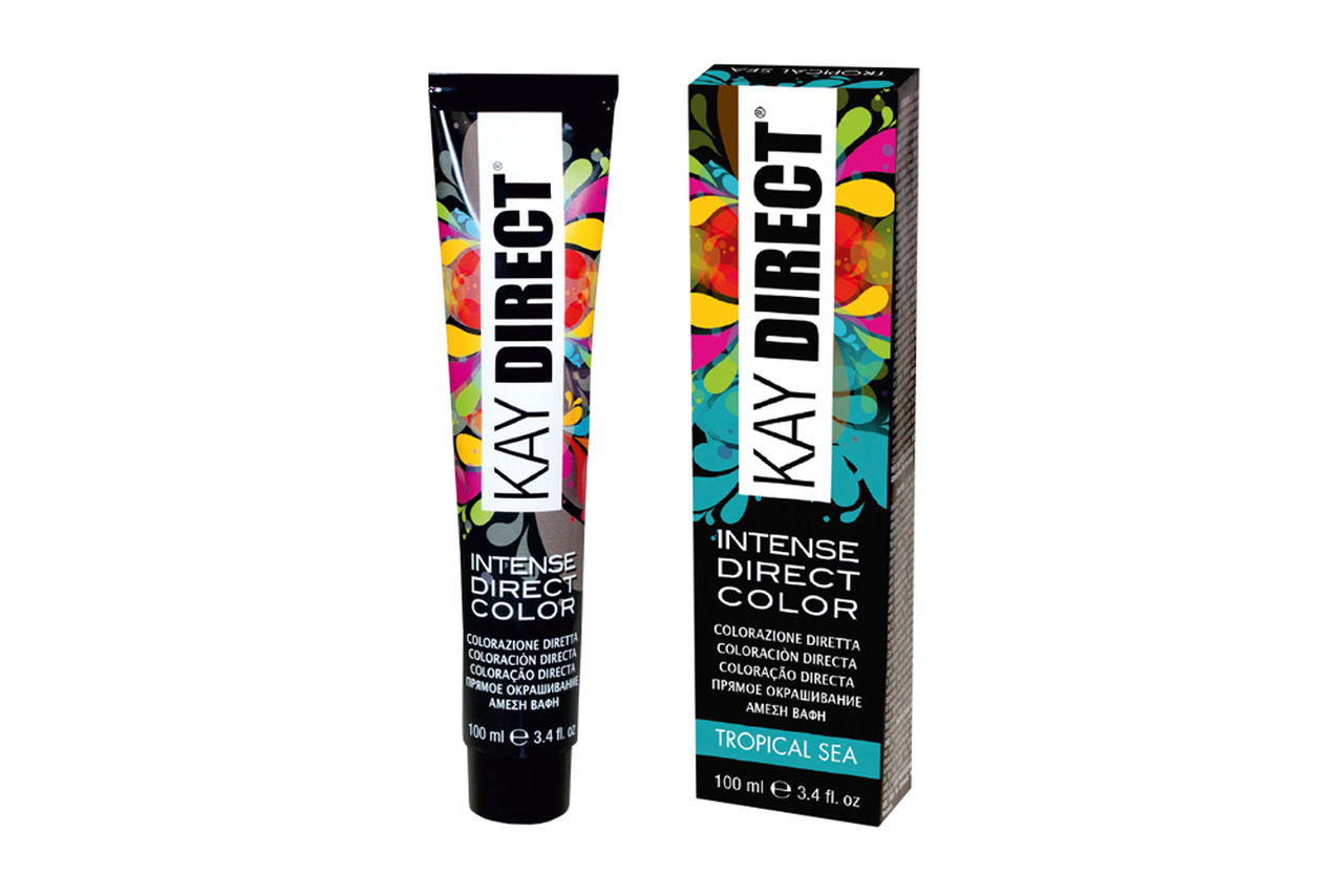 Tubo e embalagem de tinta para cabelo KAY DIRECT na cor Tropical Sea