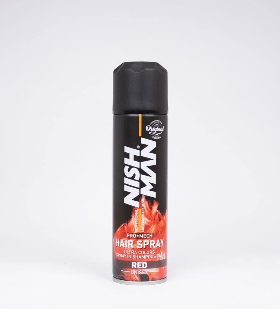 Spray de cabelo NISH MAN preto com detalhes vermelhos e brancos em fundo branco