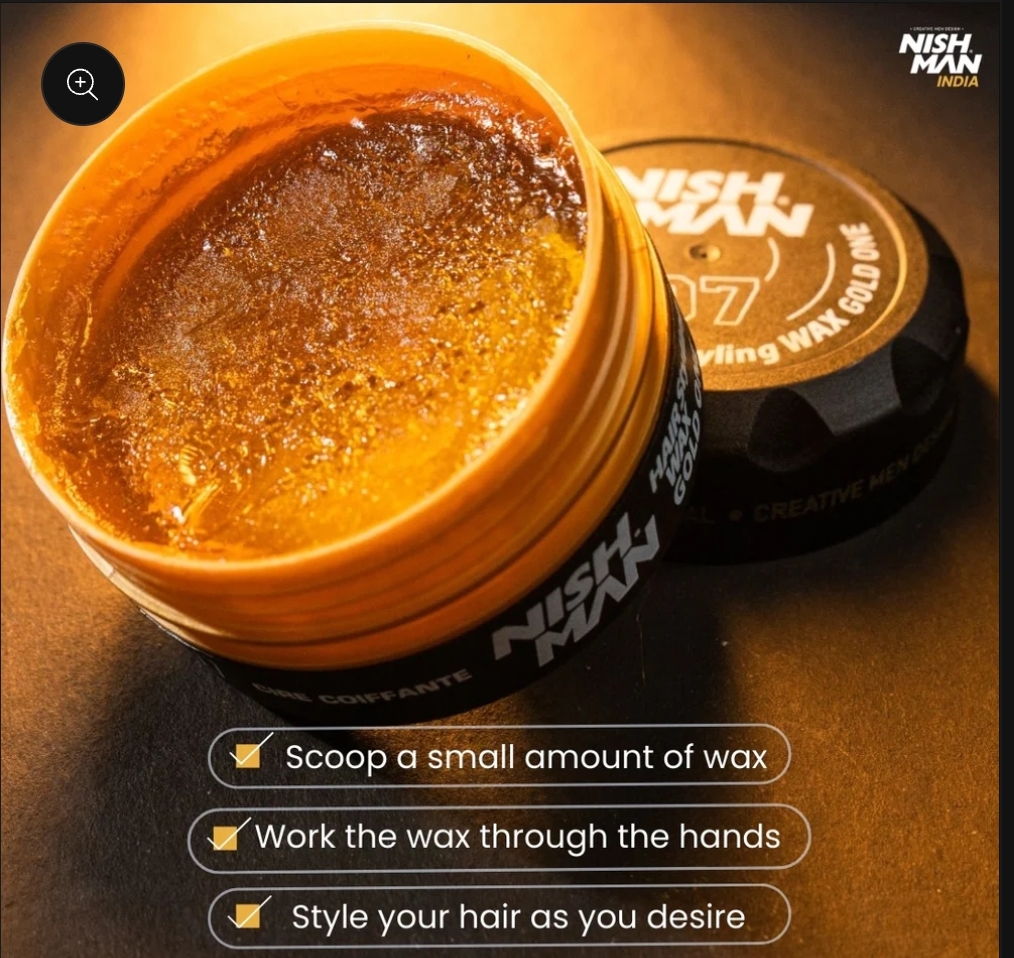 Pote aberto de cera para cabelo NISH MAN com textura visível e tampa preta com texto branco