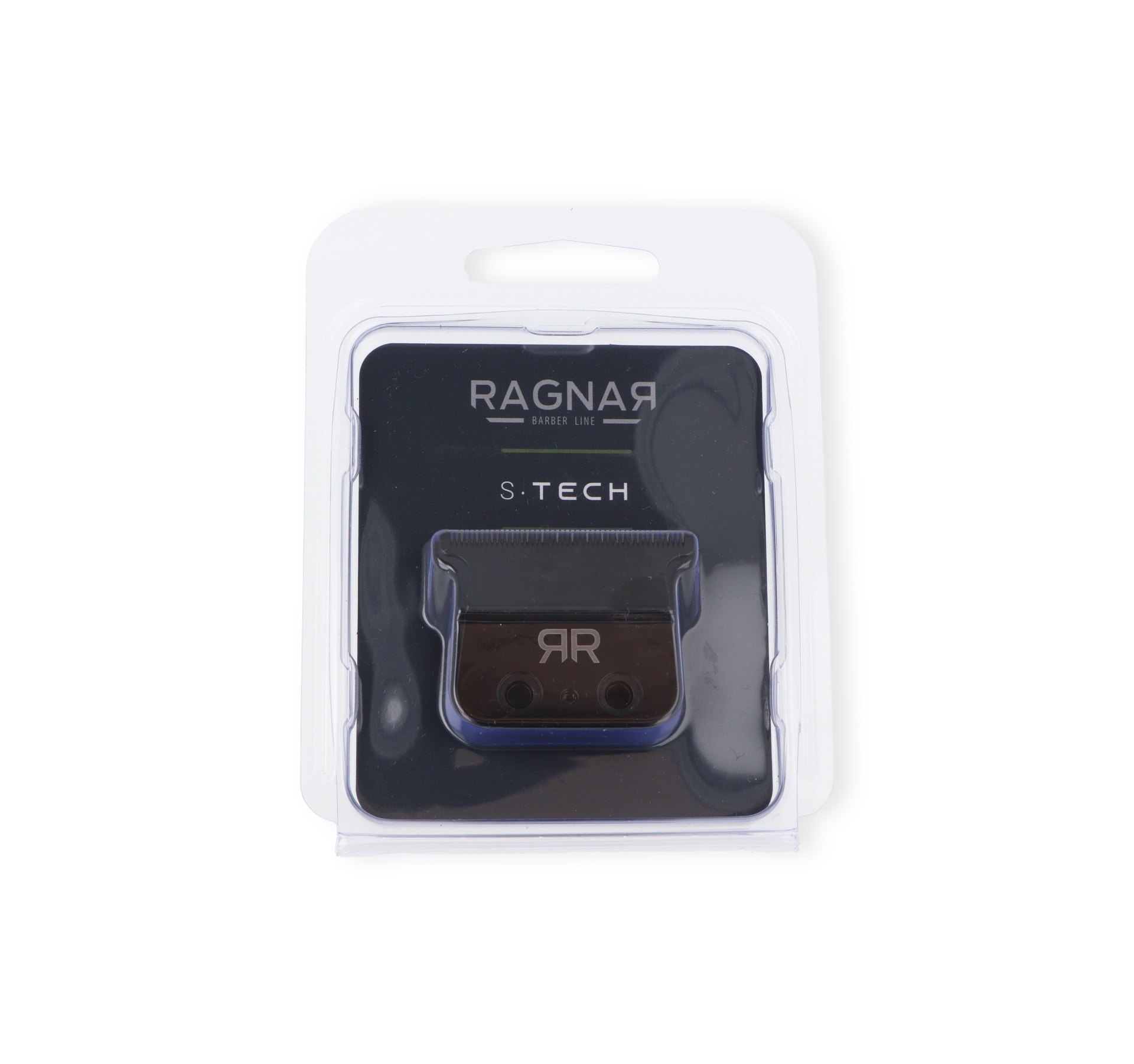 Cabeça de máquina de barbear em embalagem plástica com texto RAGNAR BARBER LINE S.TECH