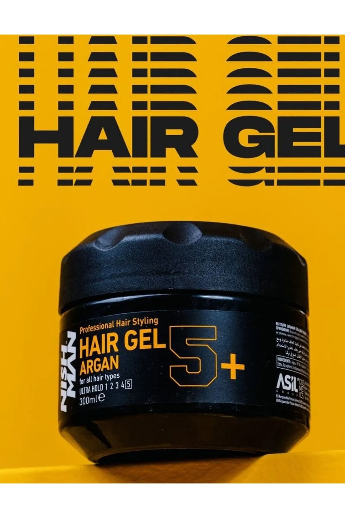 Frasco preto de gel para cabelo com texto em branco e laranja, fundo laranja e texto grande HAIR GEL.