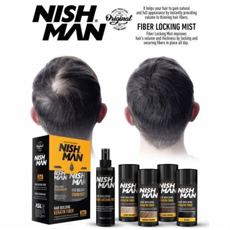 Antes e depois do uso do NISH MAN FIBER LOCKING MIST para cabelo.