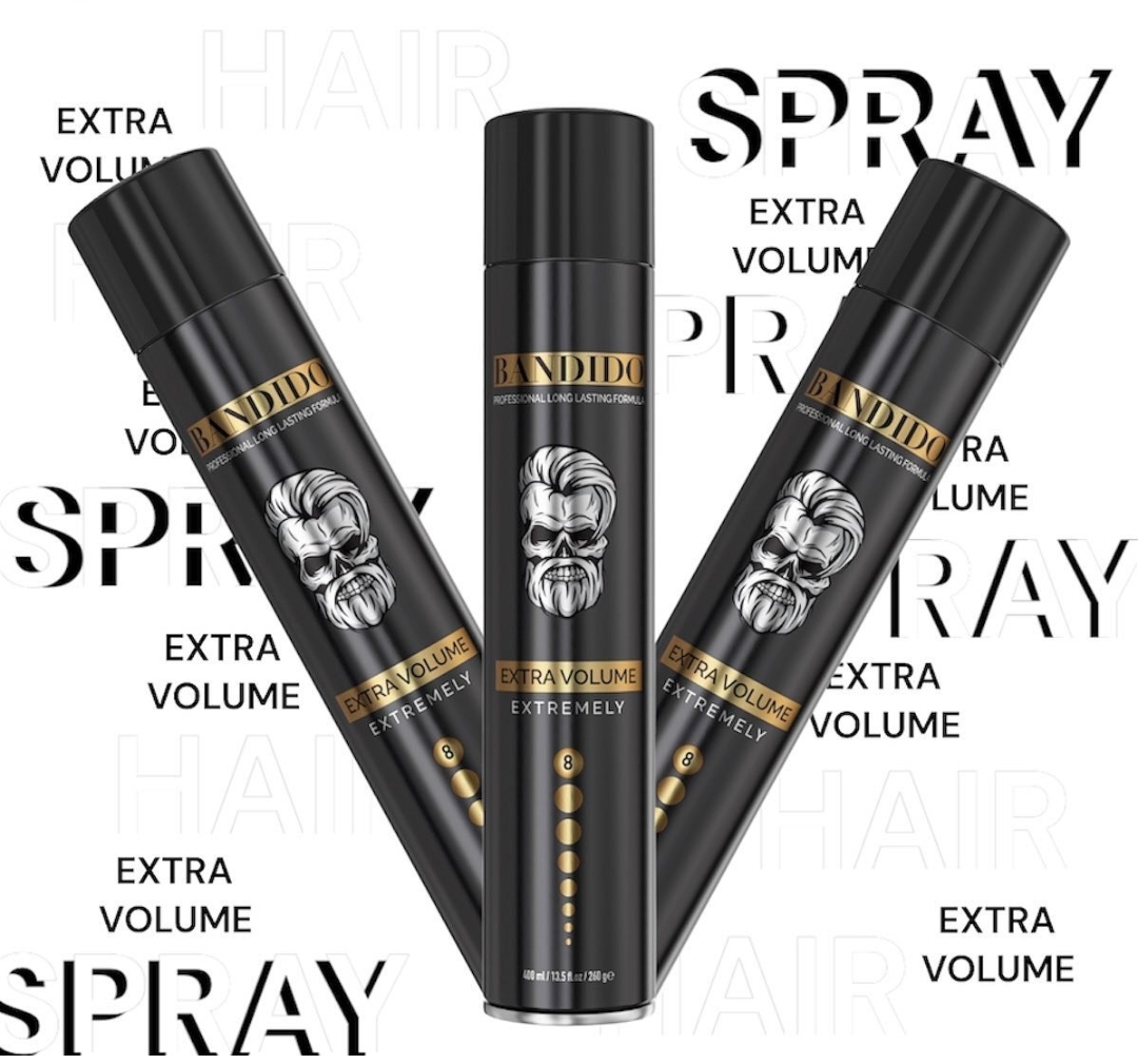 Três frascos pretos de spray para cabelo Bandido Extra Volume