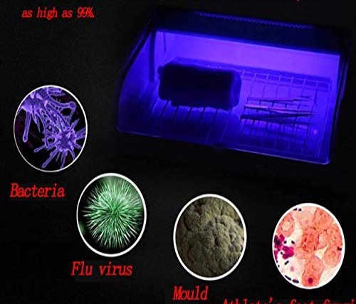 Esterilizador UV azul com estojo e objetos metálicos e imagens de microrganismos