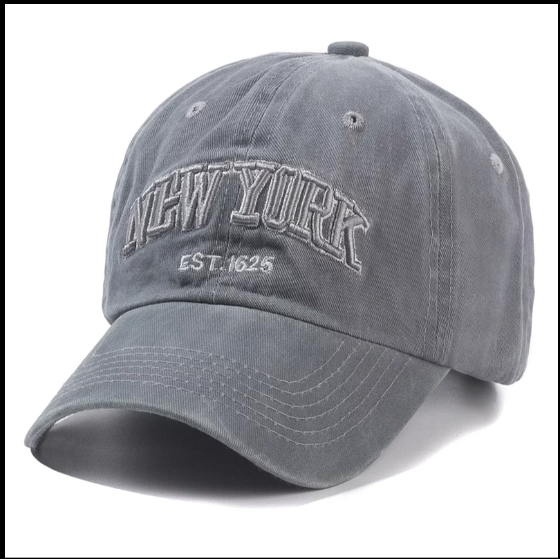 Boné cinzento bordado com texto 'NEW YORK EST. 1625'