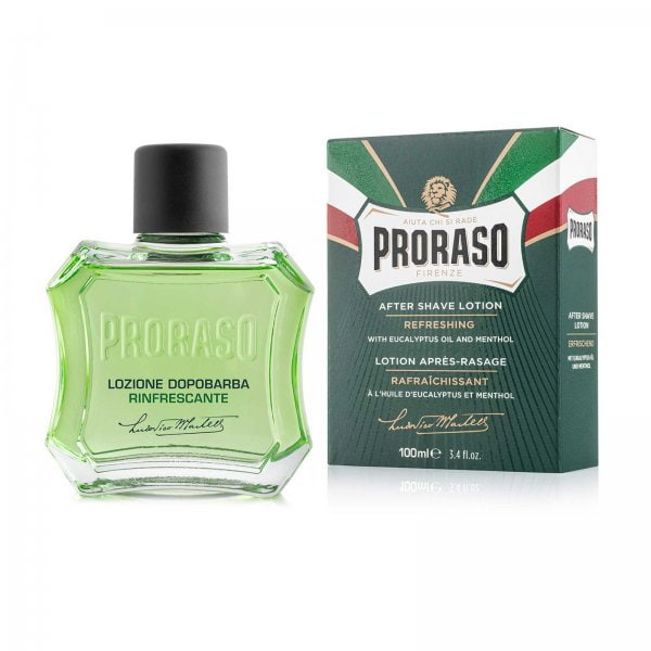 Loção pós-barba refrescante Proraso com frasco verde e embalagem ao lado