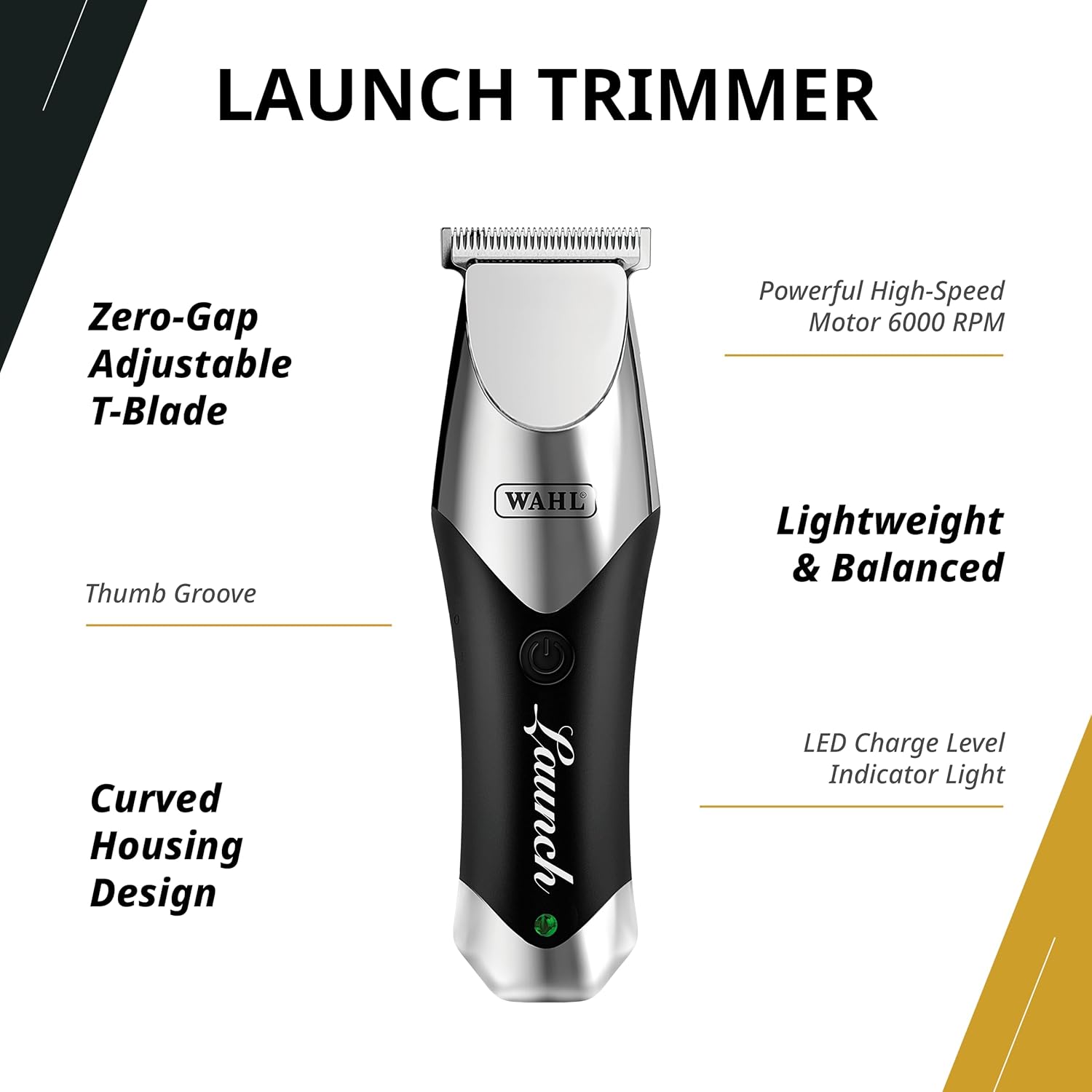Aparelho de barbear elétrico Launch Trimmer prateado e preto com texto WAHL e Launch