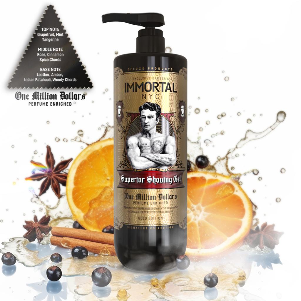 Frasco preto de gel de barbear com rótulo dourado e preto, decorado com frutas e especiarias.